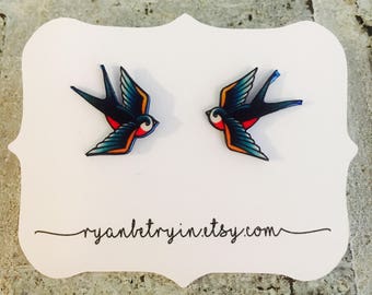 Rockabilly Earrings - Swallow Tattoo Earrings - Sparrow Studs - Retro Tattoo Earrings - Pin Up Style - Sparrow Earrings -Blue Bird Studs