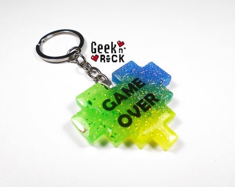 Gamer geek nerd games cosmic Rainbow pixel heart keychain