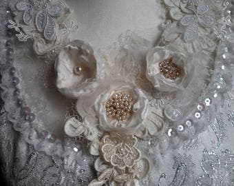 romantic ivory floral necklace, bridal necklace, woodland fairy necklace, bridal statement collar, one of a kind necklace,