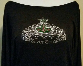 AKA 25 Years Silver Soror Crown Rhinestone Long Sleeve off the Shoulder Tee. Apha Kappa Alpha. Sorority T- shirts