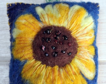 Sunflower needle felted beaded hanging cushion