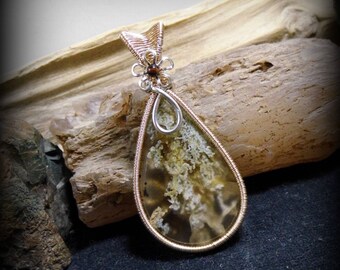 Unique OOAK Montana Agate Wire Wrapped Stone Silver & Gold Pendant