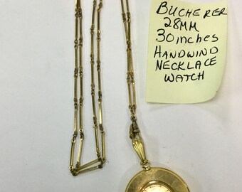 1960s Bucherer Gold Filled Necklace Watch with chain 28mm 30 inches