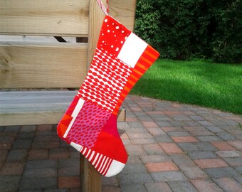 Christmas stocking made from Marimekko fabric, red family Santa stocking, modern Scandinavian design, Xmas fireplace decoration