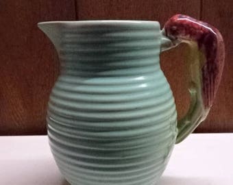 Ceramic Jug/Pitcher with Parrot Handle/Ribbed Jug/Pitcher/Vintage/1930s