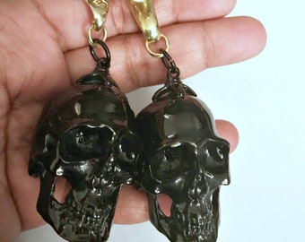 Skull ear weights-big skull ear weights- black skull ear weight-stretch earring-brass ear weights 1 pair