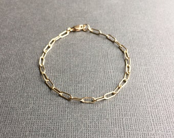 Yellow Gold Filled Chain Bracelet, Gold Rectangle Link Chain Bracelet, Delicate Gold Bracelet, Dainty Gold Anklet, Drawn Flat Cable Chain