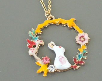 Vintage Inspired Necklace - Colorful Necklace - Bunny Rabbit Necklace - Enamel Necklace - Yellow White Pink Necklace - Handmade Jewelry