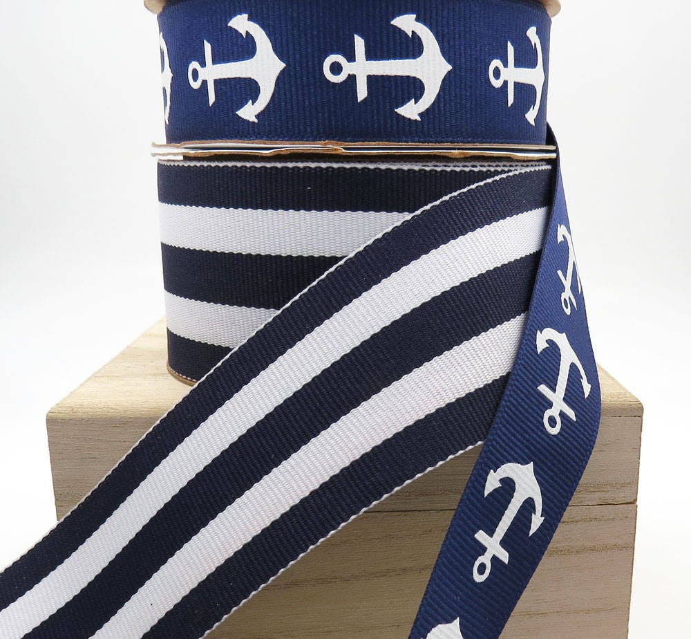 Nautical Ribbon. Anchor Ribbon. By The Yard. Navy and White