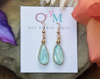 Iceland ~ Dichroic Glass Dangle Earrings in Pale Aqua with Flashes of Gold, Silver and Green
