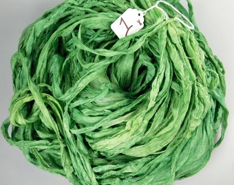 Silk Sari Ribbon, Sari silk ribbon, recycled ribbon, green sari ribbon, silk ribbon, rug supply, knitting supply, apple green sari ribbon