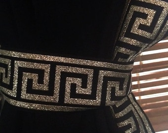 Black Curtain with Black and Gold Greek Key Trim