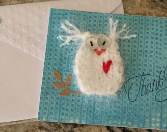 Thank You! Handknit Owl Card with Embossed and Lined Envelope and Confetti