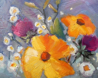 Original Flower Oil Painting, Impressionist Floral, Daisy Painting, 6x8" Small Oil Painting by Carol Schiff, Free Shipping in US