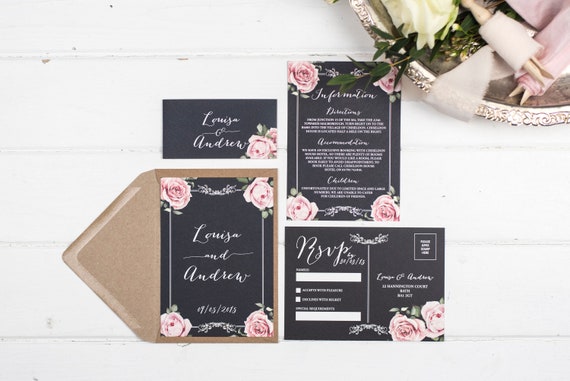 Vintage Wedding Invitation Set - A6 Chalkboard Floral Framed