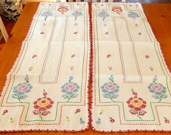 2 hand embroidered table runners, vintage table linens, cross-stitch, home decor
