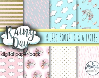 Rainy Day Digital Papers. Watercolor designer clip art, planner, fabric, stickers, backdrop, invitations