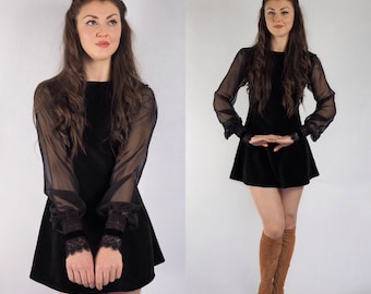 Black Velvet, Mod Dress With chiffon sleeves and lace cuffs