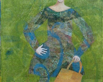 Stood Up, monotype print with acrylics and collage, Original Art, Gelli-plate print, Monoprint