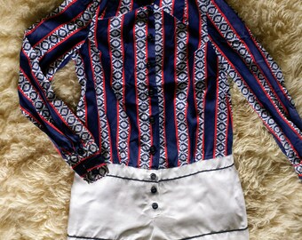 FOURTH of JULY vintage 60s 70s TOOTIQUE red white blue patriotic stars stripes flag jumpsuit jumper romper hot pants xs S hippie hippy boho
