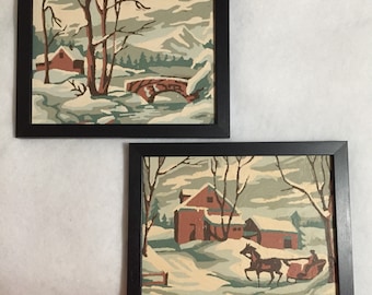 Vintage Winter Scene Paint by Number Paintings - early 1960's - Framed - set of 2