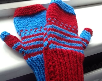 Mix and Match Gloves, Red and Blue Gloves, Stripy Gloves, Spotty Gloves, Dotty Gloves, Spots and Stripes, Knitted Gloves, Fingerless Gloves