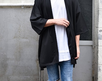 Men's Long Black Kimono Cardigan, Japan Oversized Noragi Jacket, 4 Pockets Coat, Textured Anti Wrinkle Fabric, One Size Street Haori Yukata