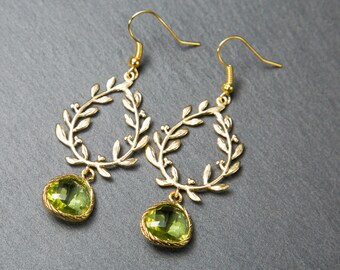 Grecian earrings, Green laurel earrings, gold and green earrings, olive green earrings, green bridesmaids earrings, prom earrings.
