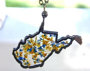 West Virginia Pendant Necklace, WV Botanical, Botanical Jewelry, Pressed Flower Jewelry, Flor Pendant, Monarch, Maple, Coal, Blue and Gold