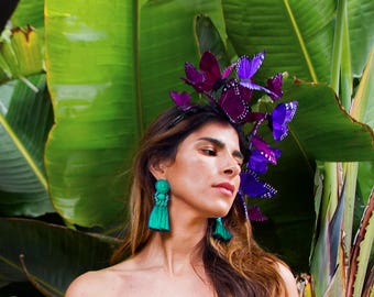 Violet Cosmos Butterfly Fascinator, Purple Headdress, Statement Headpiece, Headband, Purple Floral Crown, Spring Headdress