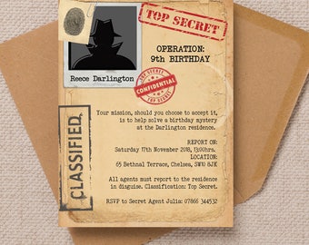 Personalised Spy Mission / Secret Agent Party Invitation Cards and Envelopes