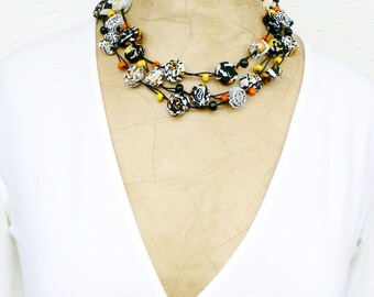 Multi strand colorful necklace, Long textile necklace, Relaxed cool necklace, Boho look ecofriendly, Gypsy look, Yellow Black Orange White