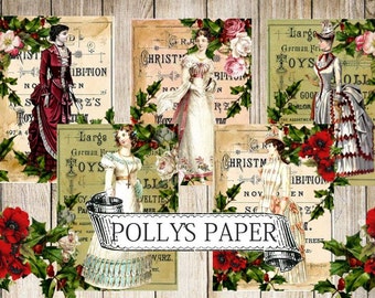 Victorian Ladies Vintage Christmas Digital Images printable download file for Cards and Tags and Crafts Polly's Paper Studio 9 Images