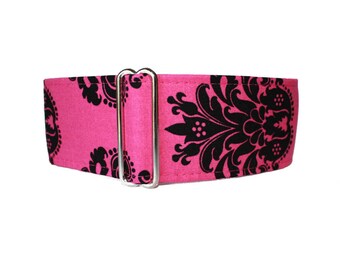 Hot Pink Martingale Dog Collar, 2 Inch Martingale Collar, Damask, Hot Pink Dog Collar, Greyhound Martingale, Sighthound Collar