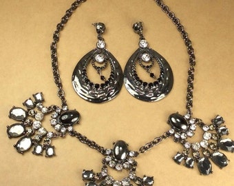 Black Large Statement Earrings with Black/Grey/Clear Rhinestones Necklace