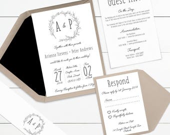 Rustic Botanical Wreath // Wedding Invitation Suites and Bundles // Sample Only // Printed Copies or Print Yourself // Design Code #2299