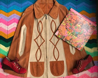 1970s suede poncho, vintage leather cape, two toned poncho, retro 70s cape, celestial leather shawl, hippie gypsy boho SALE