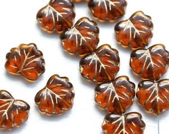 10pc Topaz Leaf Beads, Maple leaves, Czech Glass pressed beads, Golden inlays - 11x13mm - 2488