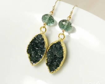 50% OFF SALE - Gold Aqua Green Quartz and Black Druzy Leaf Earrings - 14Kt Gold Filled
