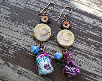 Boho Tassel Earrings - Purple and Blue Earrings - Silk Tassels - Shell Earrings - Blue Sea - Bead Soup Jewelry