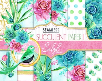60% OFF SALE Digital Watercolor Paper, Watercolor Succulent Paper Pack I, Seamless Cactus Plant, Botanical Greenery, Desert Cacti, Aloe Vera