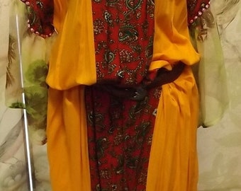 35% Off Sale Boho Gypsy Chic Marigold red paisley pheasant dress large 1970
