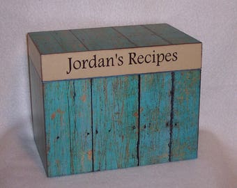 Turquoise Recipe Box, Personalized Wooden Recipe Box - Decoupaged - Wood Fence -Shower Gift