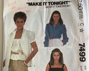Vintage McCall's Women's Blouse Pattern, McCalk's 7499, Size 10, Bust 32 1/2, Vintage 1980's Pattern