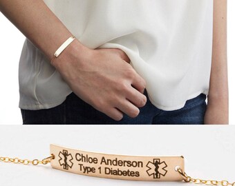 Medical Alert Bracelet-Custom Medical ID-Personalized Gold Bar Engraved-14K Gold Filled-Rose-Sterling Silver-CG289N_1.5X0.25