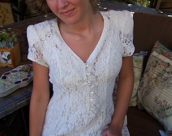 Lace Dress, Ivory Lace dress, 80s Lace dress, Lace maxi dress, short sleeve dress, size S