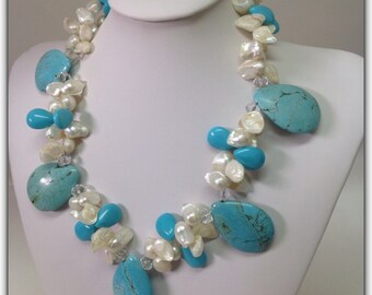 Turquoise Howlite Pearls Statement Necklace