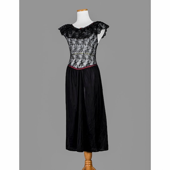 Vintage 70s Nightgown Black Lace Nightie Off Shoulder Cape