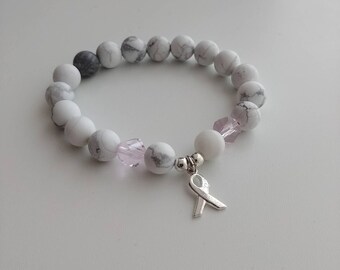 Breast cancer awareness Howlite bracelet with pink helix Swarovski beads