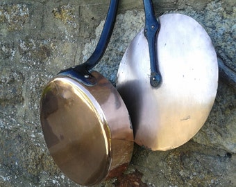 Antique copper pots pan sautè pan frying pan pots skillet saucepan french artisan handmade cookware cuivre lidded home living
